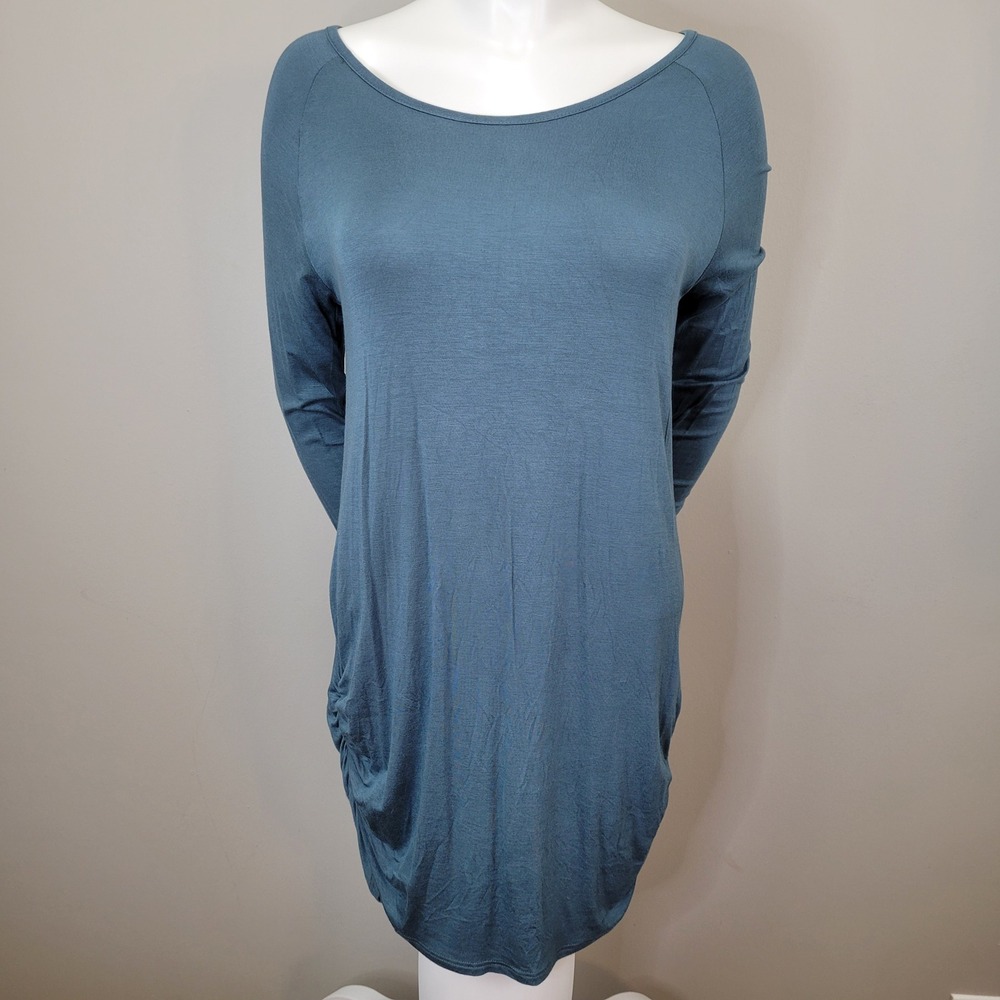 Filly Flair Long Sleeve T-Shirt Dress Ruched Casual Blue-Green Tunic Top Size L